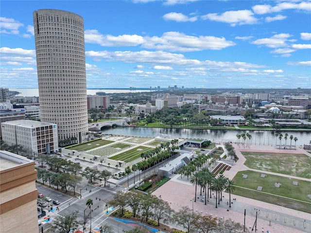 bird's eye view with a water view