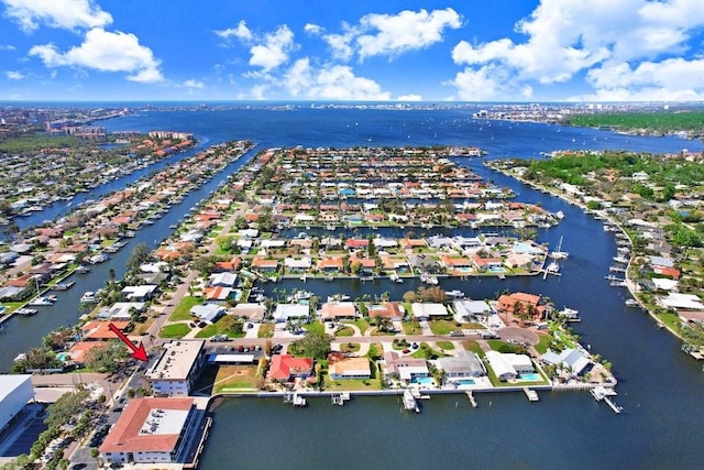 bird's eye view with a water view