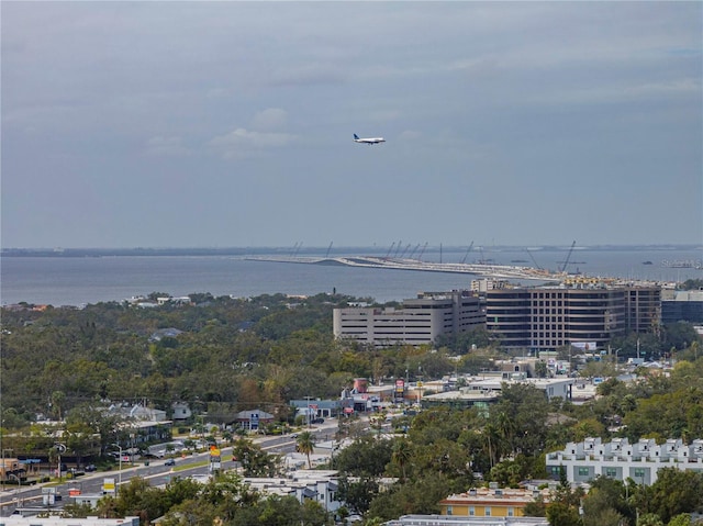 aerial view featuring a water view