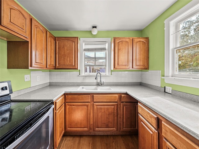 kitchen featuring hardwood / wood-style floors, stainless steel electric range oven, backsplash, and sink