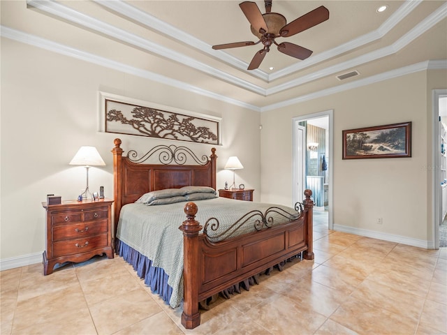 bedroom with light tile patterned floors, ceiling fan, a raised ceiling, and crown molding