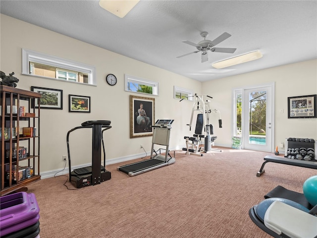 workout area with a textured ceiling, carpet flooring, and ceiling fan