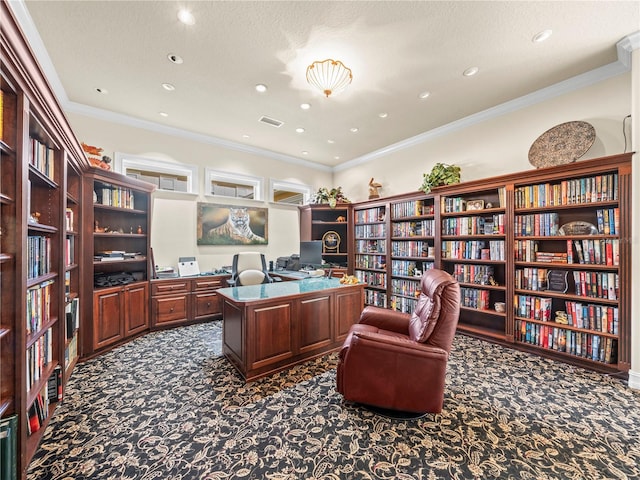 carpeted office space with a textured ceiling and ornamental molding