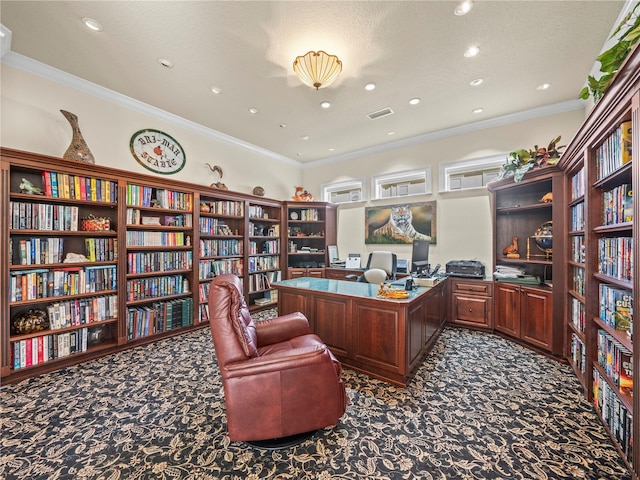 carpeted office space featuring a textured ceiling and ornamental molding