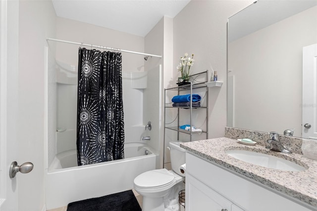 full bathroom featuring shower / tub combo with curtain, vanity, and toilet