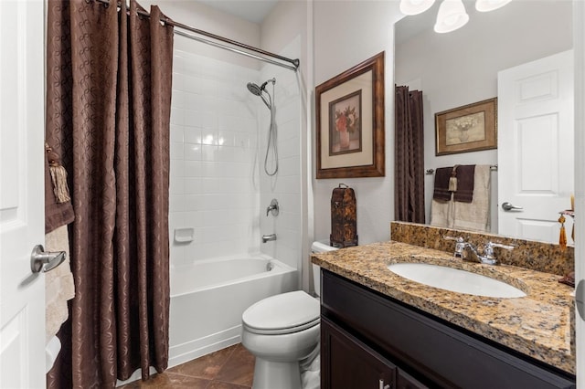 full bathroom with toilet, shower / bathtub combination with curtain, tile patterned floors, and vanity