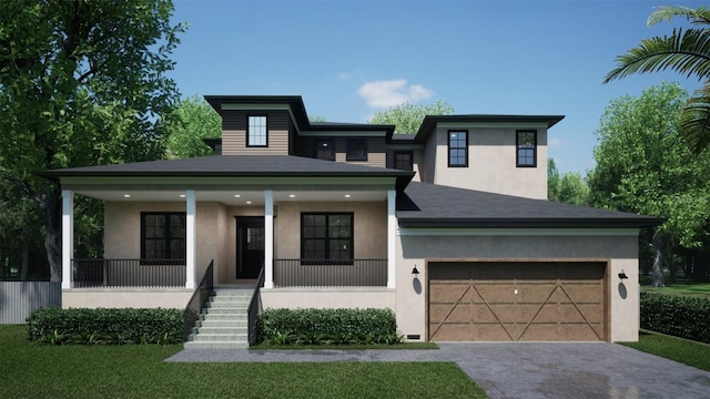 view of front of home featuring a garage, a front yard, and covered porch