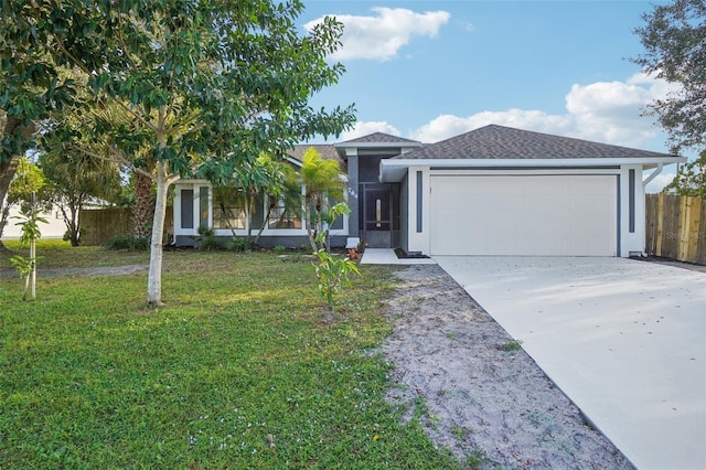 view of front of home with a front yard and a garage