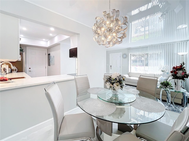 dining area with an inviting chandelier and sink