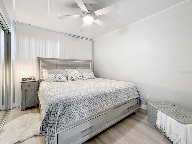 bedroom with light hardwood / wood-style floors and ceiling fan