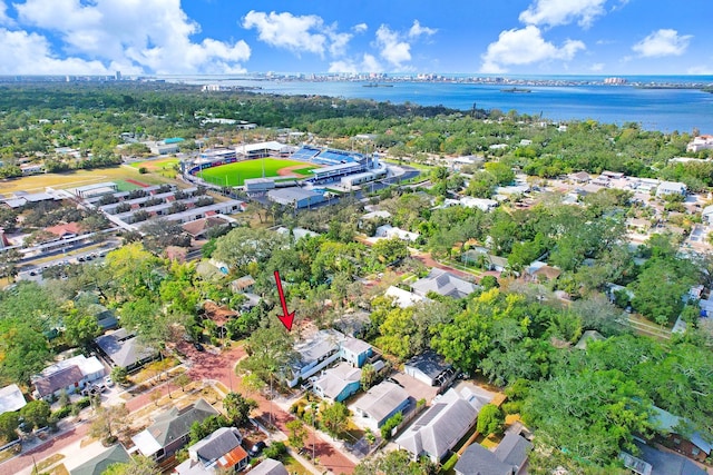 birds eye view of property featuring a water view