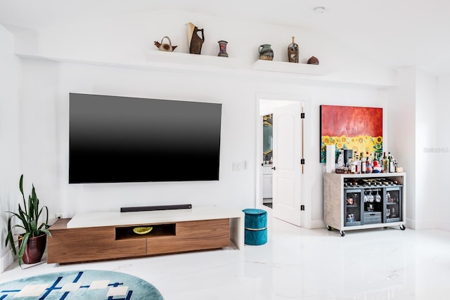 living room featuring indoor bar