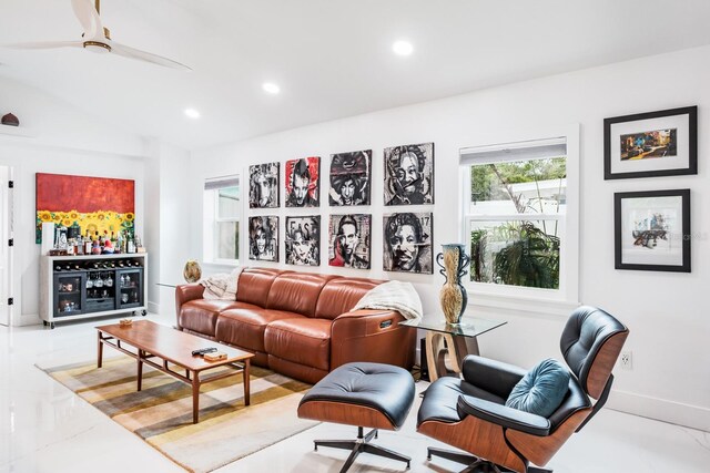 living room featuring ceiling fan