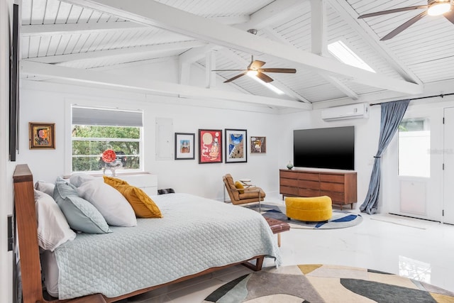 bedroom with ceiling fan, lofted ceiling with beams, and a wall mounted AC