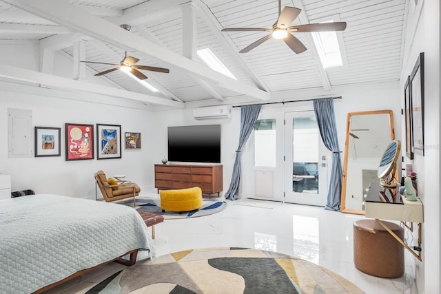 tiled bedroom with an AC wall unit, access to outside, a skylight, and ceiling fan