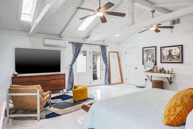 bedroom featuring beamed ceiling, ceiling fan, high vaulted ceiling, a skylight, and an AC wall unit