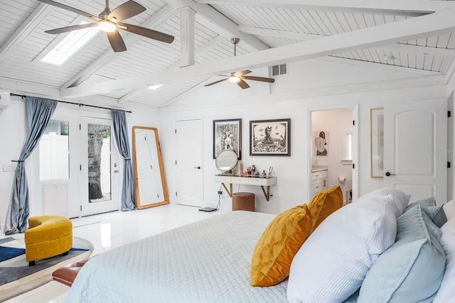 bedroom with access to outside, beamed ceiling, ceiling fan, and connected bathroom