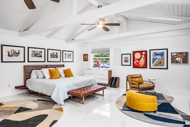 bedroom featuring ceiling fan and vaulted ceiling with beams