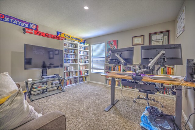 office space featuring a textured ceiling and carpet flooring