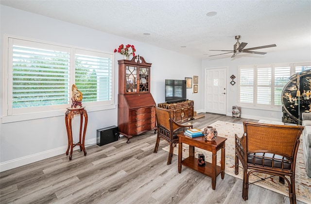 living area featuring ceiling fan, a healthy amount of sunlight, a textured ceiling, and light wood-type flooring