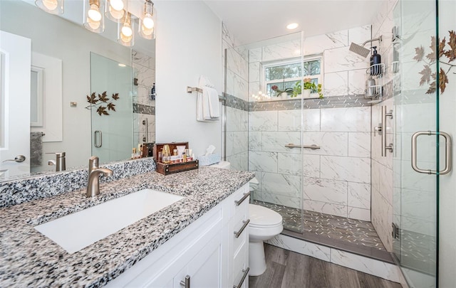 bathroom with vanity, toilet, wood-type flooring, and walk in shower