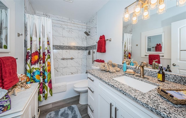 full bathroom with toilet, vanity, shower / tub combo, and hardwood / wood-style flooring