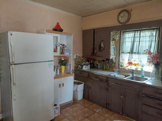 kitchen featuring sink, white refrigerator, and crown molding