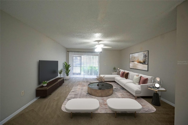 living room featuring carpet flooring, a textured ceiling, and ceiling fan