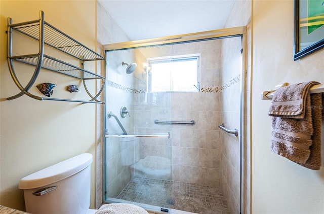 bathroom featuring toilet and a shower stall