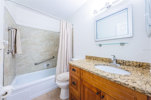 bathroom featuring vanity, shower / bath combo with shower curtain, toilet, and tile patterned floors