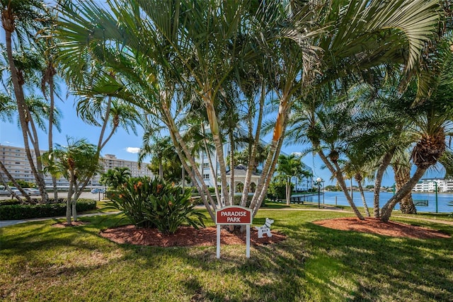 view of home's community with a yard and a water view