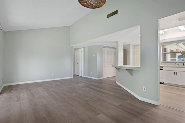 unfurnished living room with sink, lofted ceiling, wood-type flooring, and a textured ceiling