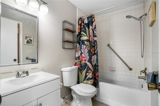 full bathroom with toilet, vanity, and shower / bath combo with shower curtain