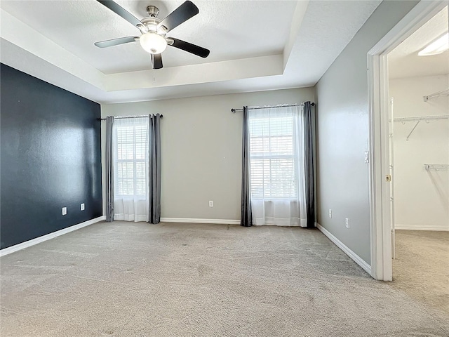 spare room with plenty of natural light, light carpet, and a tray ceiling