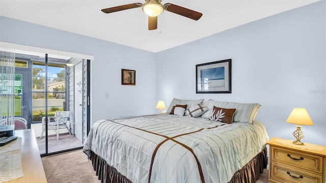 bedroom featuring ceiling fan, light carpet, and access to exterior