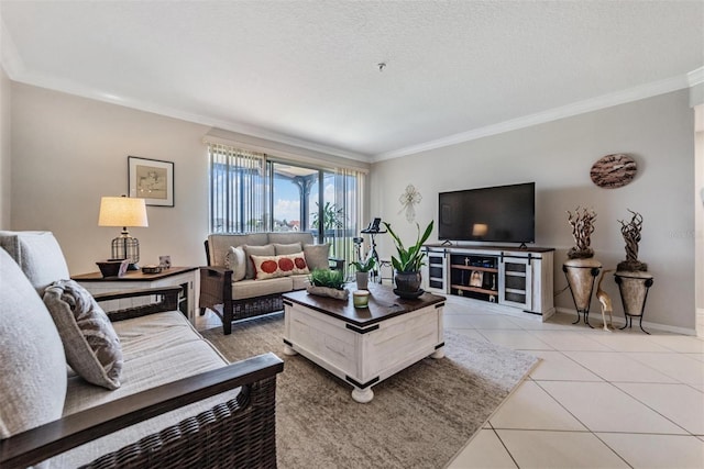 tiled living room featuring a textured ceiling and crown molding