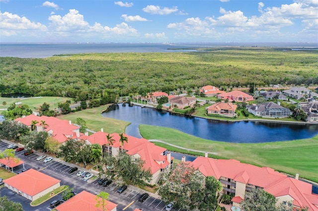 bird's eye view with a water view