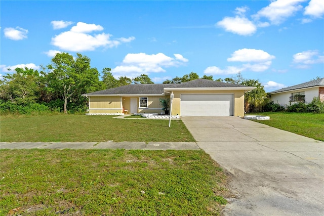 ranch-style house with a front lawn and a garage