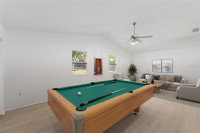 recreation room with billiards, hardwood / wood-style floors, ceiling fan, and vaulted ceiling