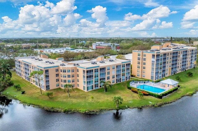 bird's eye view with a water view