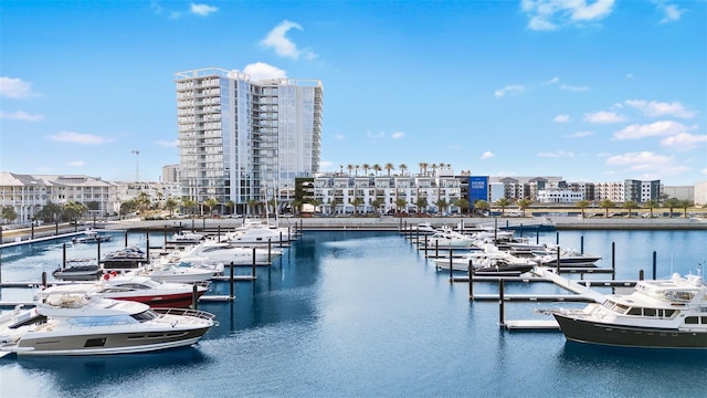 view of swimming pool featuring a water view and a dock