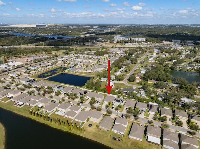 drone / aerial view featuring a water view