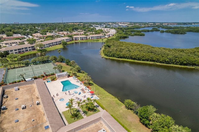 bird's eye view with a water view