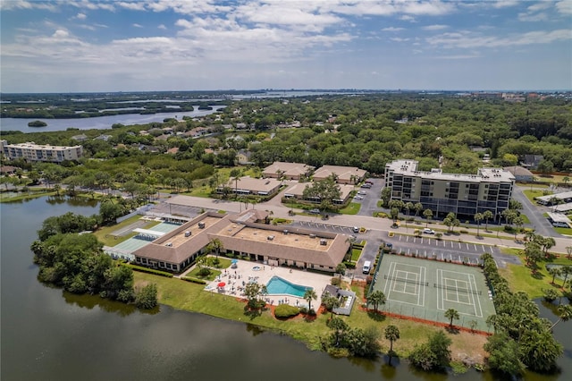 drone / aerial view with a water view