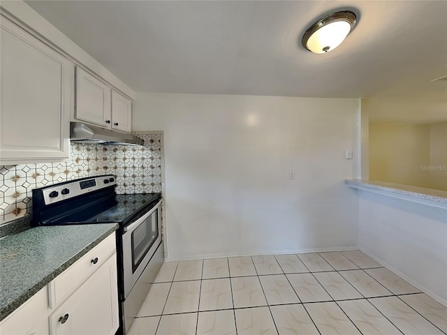 kitchen featuring white cabinetry, stainless steel range with electric cooktop, decorative backsplash, and light tile patterned floors