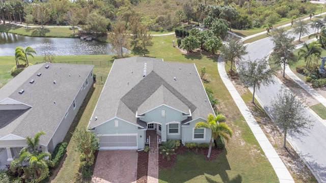 aerial view featuring a water view