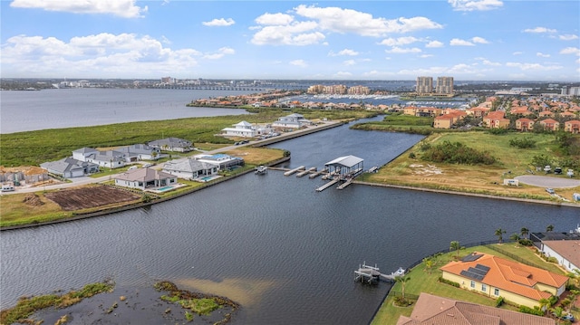 aerial view featuring a water view