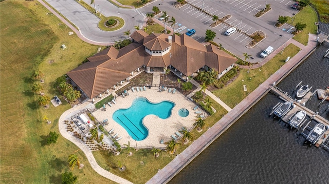 aerial view featuring a water view