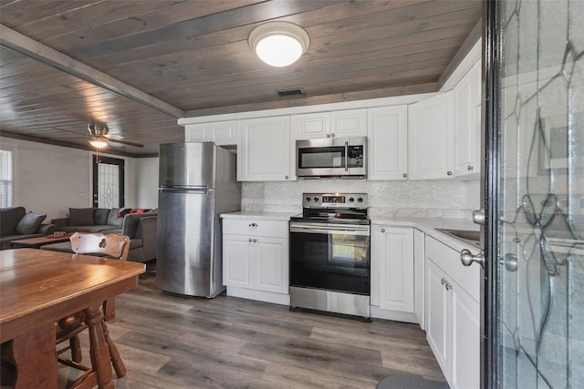 kitchen with stainless steel appliances, dark wood-type flooring, wood ceiling, ceiling fan, and white cabinetry