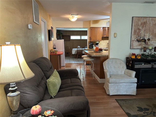 living room featuring sink and light wood-type flooring